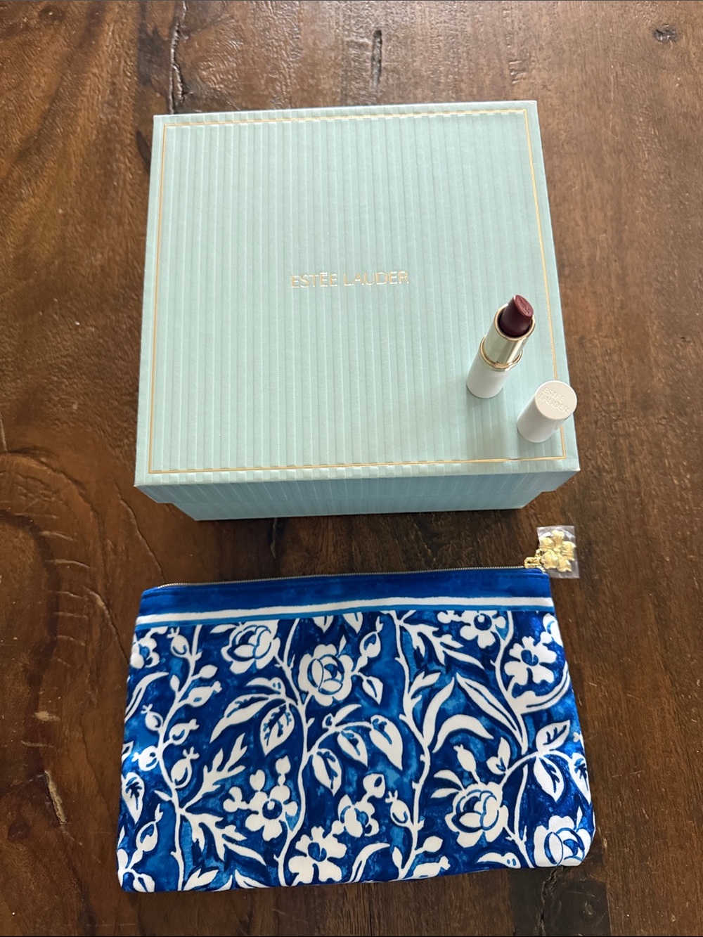 Estee Lauder Mint Box with Berry Lipstick and Blue Floral Pouch